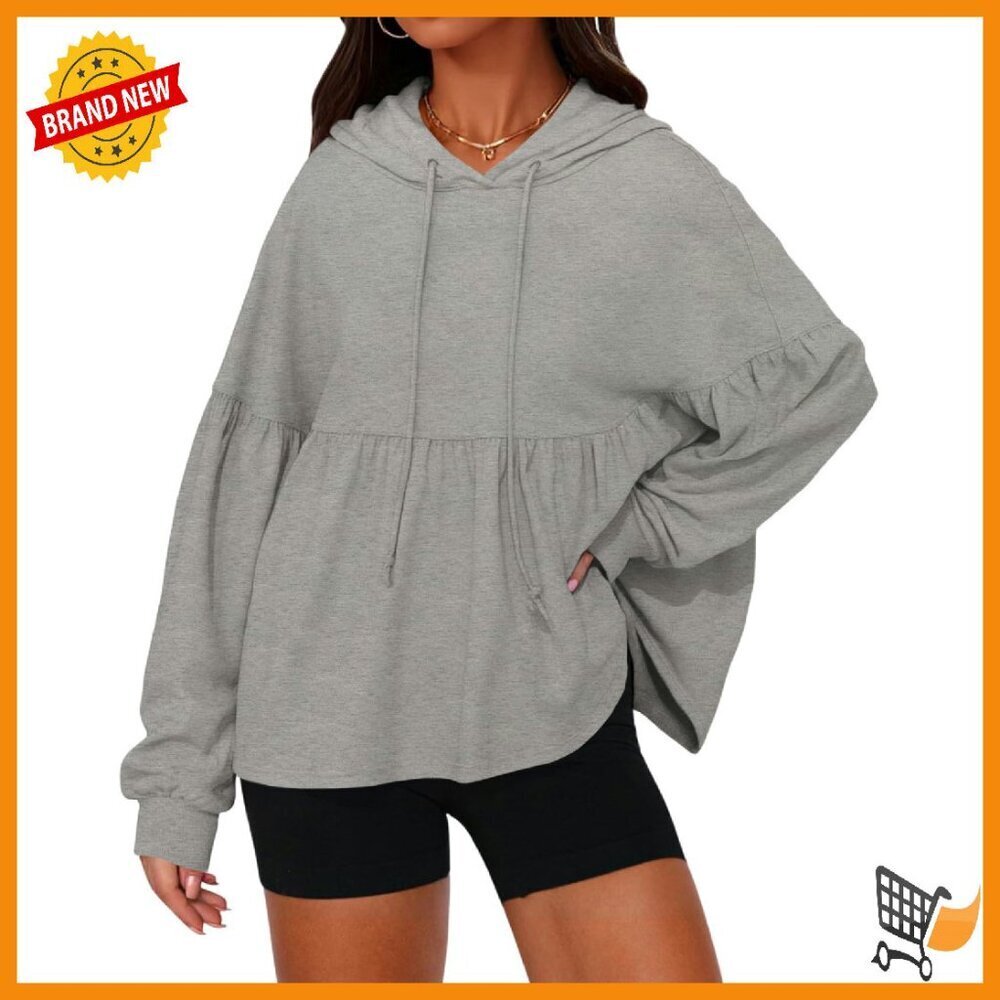 Oversized Hoodie with Lantern Sleeves and Peplum Hem - Recycled Material